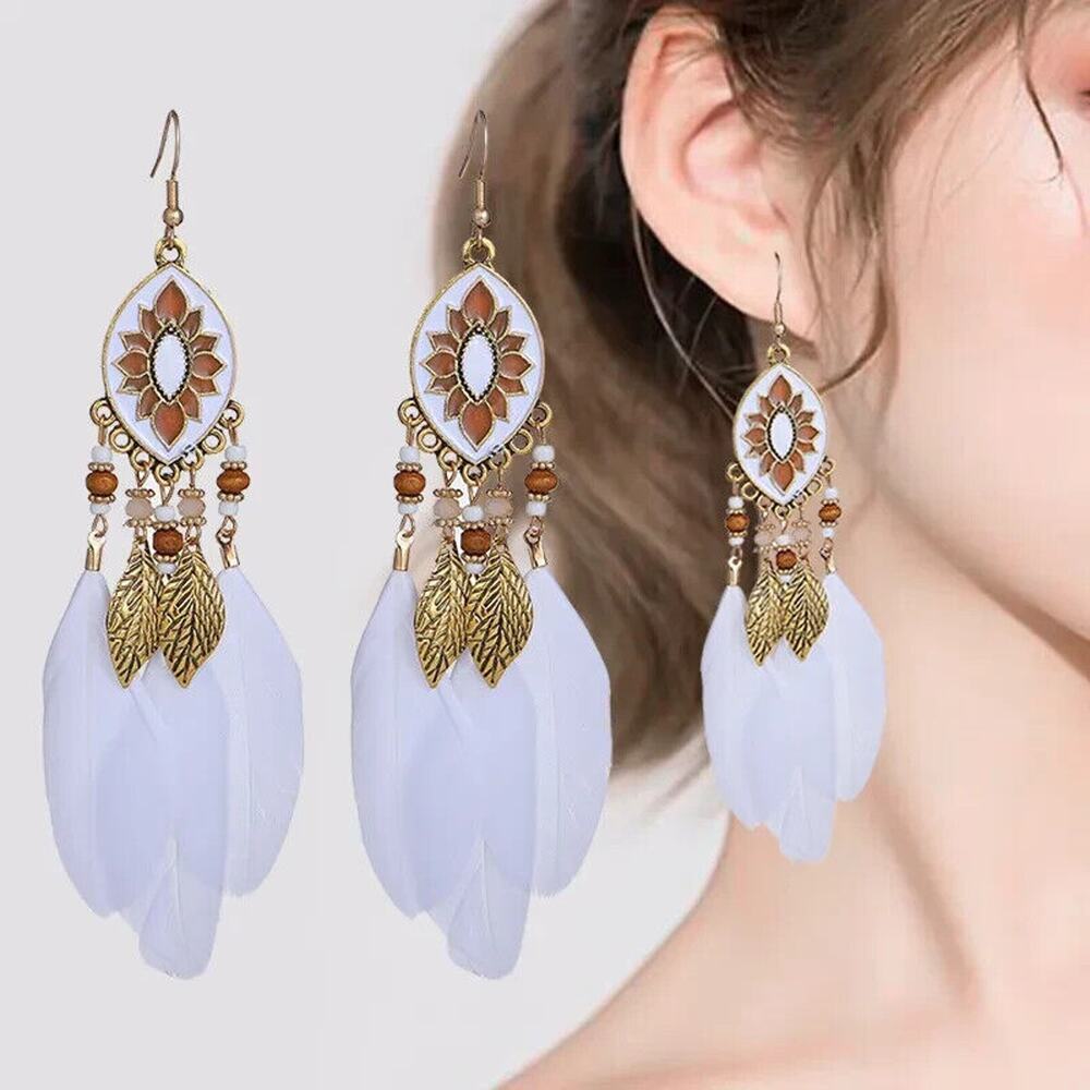 Boho Rice Bead Water Drop Tassel Leaf Aztec Ethnic Earrings White Boho Geometric